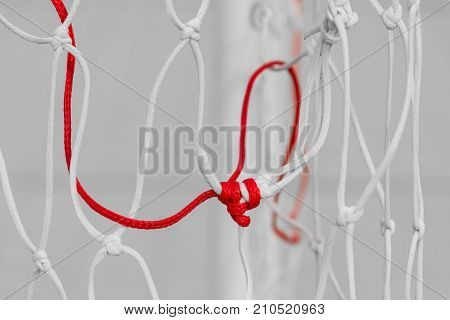 Knotted ropes of a soccer net of two different colors.