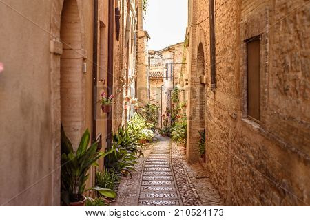 SPELLO, ITALY - MAY 27 2017 - View of a typical alley of Spello a medieval and beautiful town in Umbria.