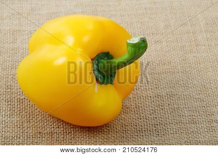 A beautiful of sweet yellow bell pepper on sack background.