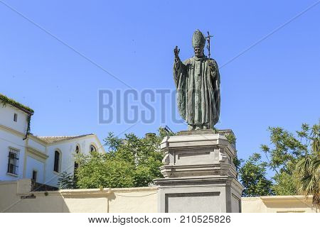 JERES DE LA FRONTERA, SPAIN - MAY 22, 2017: It is a monument to the Roman Pope Johan Paul II who with his bull founded a diocese in the city.