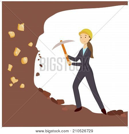 Gold digger woman with working tools and hardhat.