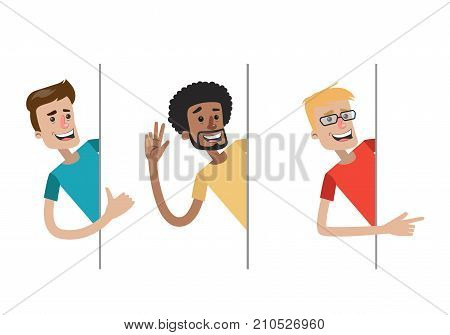 Peeking men set. Men peek out of template banners.