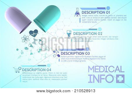 Pharmacy information poster with science and health symbols realistic vector illustration