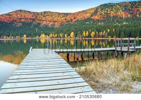 Magical autumn forest landscape and beautiful famous volcanic lakeTransylvaniaSt Anna LakeRomaniaEurope