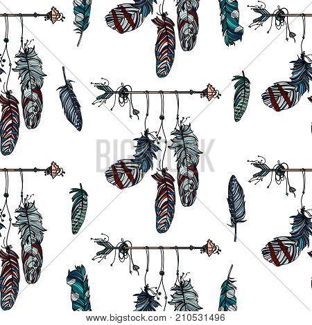 Boho stile. Seamless pattern with hand drawn dreamcatcher with athnic arrow and beautiful feathers.