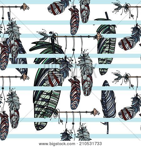 Boho stile. Seamless pattern with hand drawn dreamcatcher with athnic arrow and beautiful feathers and blue stripes.