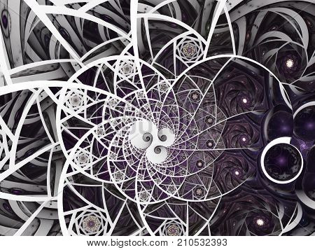 Spiral mosaic fractal pattern. Floral mosaic stain glass composition in purple and grey tone
