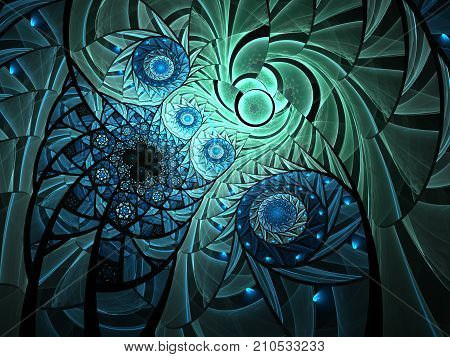 Spiral mosaic fractal pattern. Floral mosaic stain glass composition Blue and soft green tone