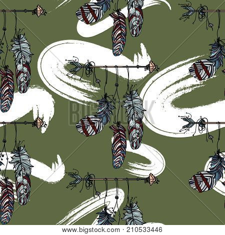 Boho stile. Seamless pattern with hand drawn dreamcatcher with athnic arrow and beautiful feathers.