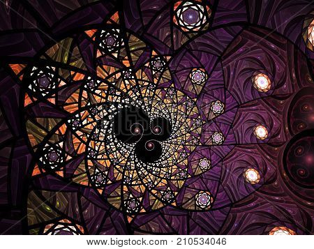 Spiral mosaic fractal pattern. Floral mosaic stain glass composition in purple and grey tone