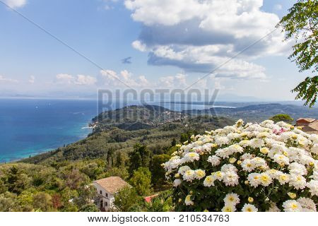 Panoramic View Of The Coasline From Chlomos In Corfu, Greece
