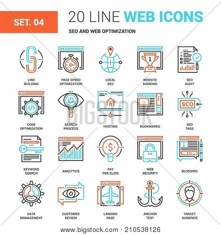 Vector set of SEO and web optimization line web icons. Each icon with adjustable strokes neatly designed on pixel perfect 64X64 size grid. Fully editable and easy to use.