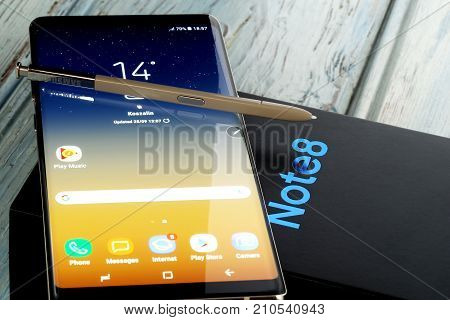 Koszalin, Poland - 24 October, 2017: Samsung Galaxy Note 8 on white background. Samsung Note 8 are new generation smartphone from Samsung. The Samsung Note 8 is smart phone with multi touch scren