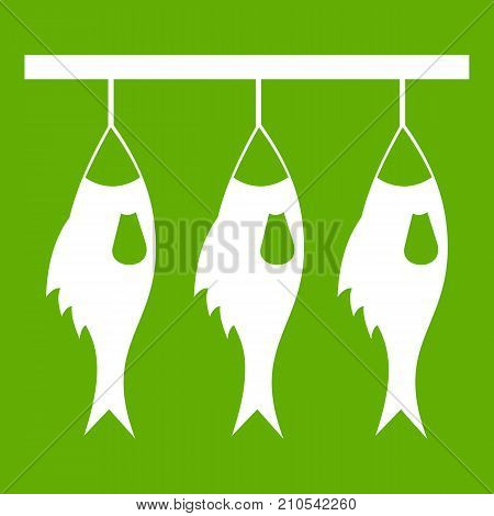 Three dried fish hanging on a rope icon white isolated on green background. Vector illustration