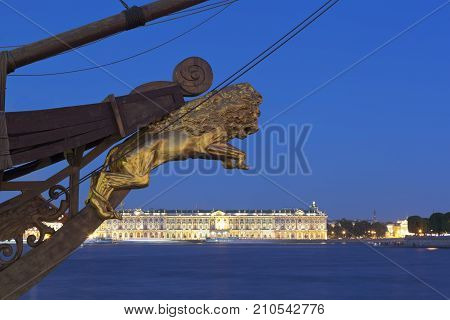 St. Petersburg, Russia - June 18, 2017: Sculpture of a lion on the nose of the sailing ship 