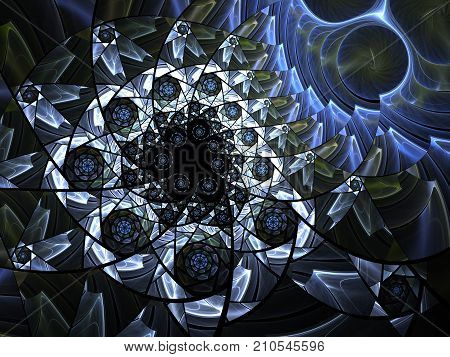 Spiral mosaic fractal pattern. Floral mosaic stain glass composition blue