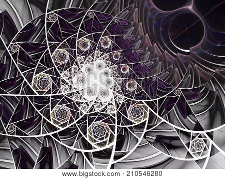 Spiral mosaic fractal pattern. Floral mosaic stain glass composition in violet and grey tone