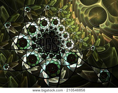 Spiral mosaic fractal pattern. Floral mosaic stain glass composition in green and grey tone