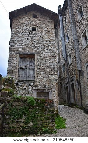 A small street in the hill village of Casso in Friuli Venezia Giulia north east Italy. With a population now of only 35 the village is famous locally for having being evacuated following the 1963 Vajont Dam disaster.