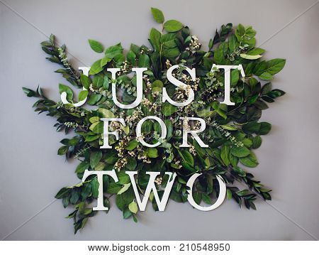 Quote, Just For Two, written on between leafs of euqalyptus. Good background for wedding decor or invitation card.