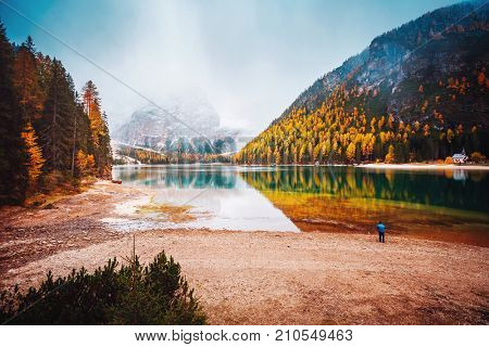 Scenic image of alpine lake Braies (Pragser Wildsee). Location Dolomiti, national park Fanes-Sennes-Braies, Italian Alps Europe. Fabulous wallpapers. Explore the beauty of earth. Tourism concept. 