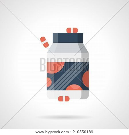 Symbol of jar and red pills. Vitamins and minerals complex for sport and bodybuilding. Flat color style vector icon.