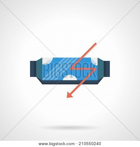 Symbol of energy bar in blue wrap with red outline lightning. Products for sport and fitness. Flat color style vector icon.