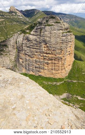 Rock spire known as Aman Peak, Guara Mountains, Huesca, Aragon, Spain.