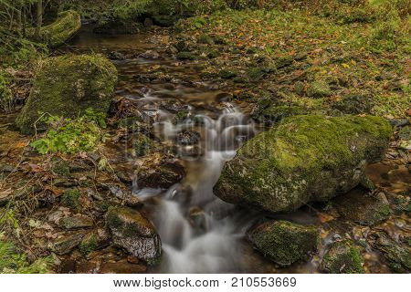 Javori Creek In Krkonose Mountains National Park In Autumn Color Day