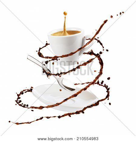 cup of coffee saucer and spoon with liquid coffee around on white background