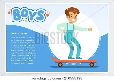 Happy boy scatebording, boys banner for advertising brochure, promotional leaflet poster, presentation flat vector element for website or mobile app with sample text