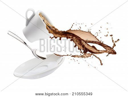 cup of coffee spils with saucer spoon and coffee falls on white background