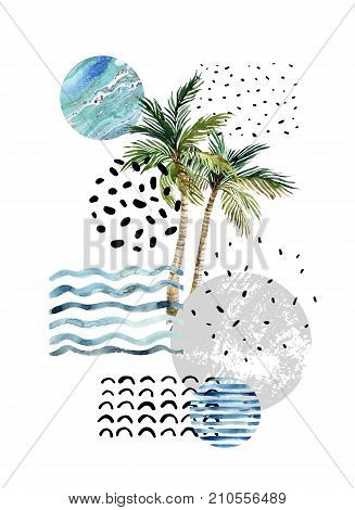 Abstract summer background. Art illustration with palm tree doodle and marble grunge textures. Geometric design for t-shirt flyer or poster in 80s 90s minimal style. Hand painted beach illustration
