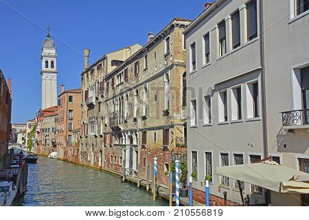 A waterfront street in the city of Venice, Italy