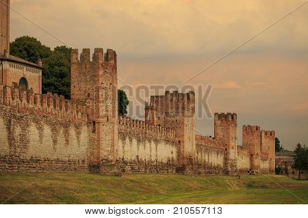 Montagnana, Italy - August 6, 2017: A Fortified City Wall Made Of Red Brick.