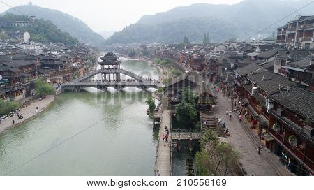 HUNAN CHINA - SEPTEMBER 22 : Old houses in Fenghuang ancient city ( Phoenix town ) on SEPTEMBER 22 2017 in Hunan Province China.