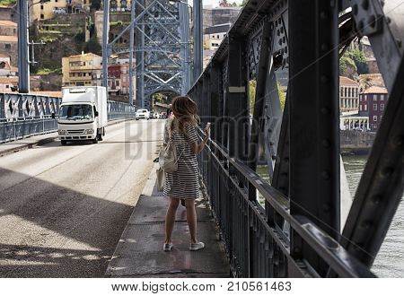 Rail, Road And Pedestrian Bridge Over The Douro River In Porto. Portugal.