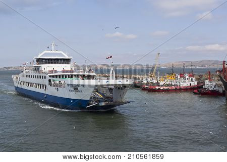 Kosa Chushka, Temryuk district, Krasnodar region, Russia - July 18, 2017: Ferry 