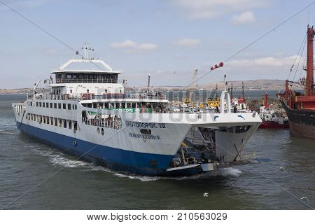Kosa Chushka, Temryuk district, Krasnodar region, Russia - July 18, 2017: Ferry 