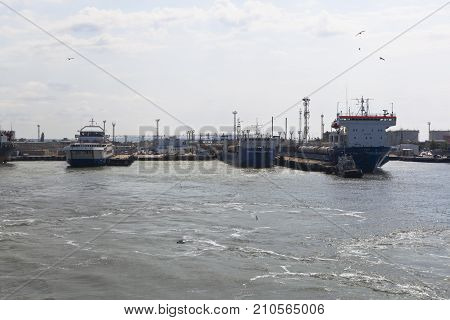Kosa Chushka, Temryuk district, Krasnodar region, Russia - July 18, 2017: View from the water at a seaport Caucasus