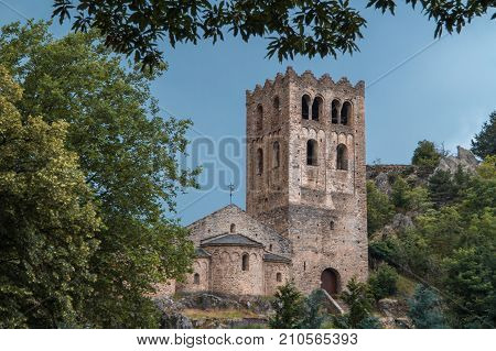 Church and tower of the Romanesque Abbey of Saint Martin du Canigou