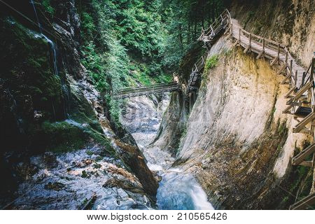 Switzerland Alps Gorges du durnand. Amazing cascading waterfalls.