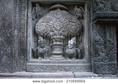 Kandy Prambanan.Kalpataru and Kinara, the temple of Vishnu, Indonesia. Prambanan. Kinara and Kinari (Mythical birds, Human heads) Kalpataru guard, Tree of Heaven