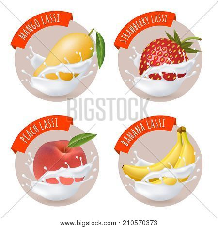 Indian mango lassi stickers. Vector labels with mango, banana, peach and strawberry lassi. Fruits and milk splashes. Traditional indian yoghurt drink.