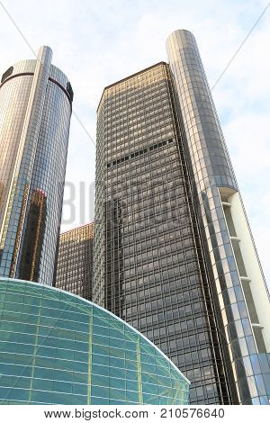 DETROIT - October 22, 2017. Three of the towers of the landmark Renaissance Center, also known as the RenCen, are seen towering above downtown Detroit, Michigan in this architectural abstract.