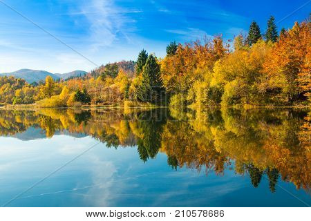 Beautiful autumn landscape, Mrzla vodica lake and Risnjak mountain, Gorski kotar, Croatia