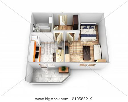 Interior Apartment Roofless Top View Apartment Layout 3D Render