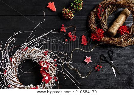 Make a Christmas wreath with your own hands. Workplace for preparing handmade decorations. Top view. Copy space. Still life. Flat lay
