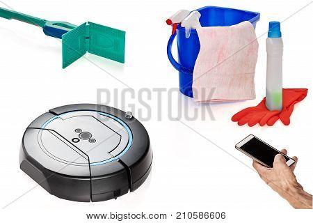 Set of tools for cleaning and hand holding remote control of robovac