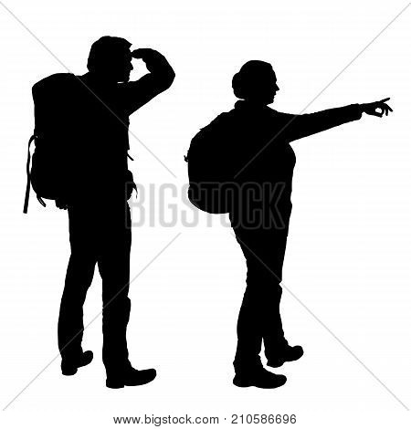 Realistic vector silhouettes of men and women with backpacks on back showing hand and looking away isolated on white background
